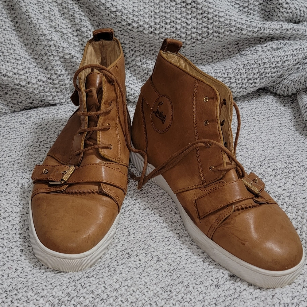 Christian Louboutin Leather Nono Strap High Top Sneakers Tan 11
